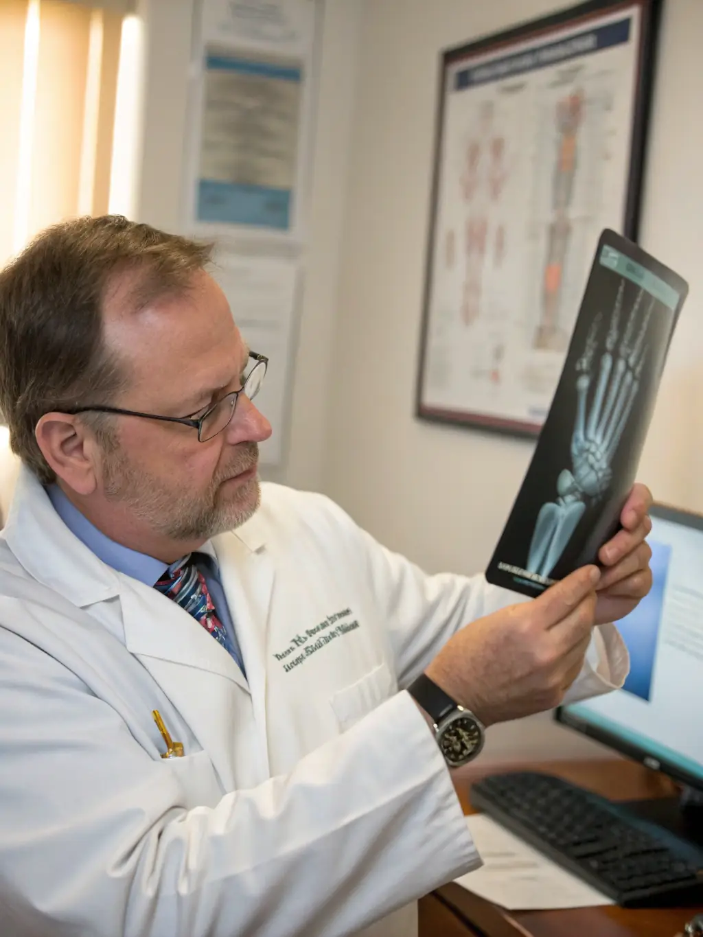 An image of Dr. Smith examining an X-ray of a fractured wrist, demonstrating his expertise in diagnosing and treating complex bone fractures.