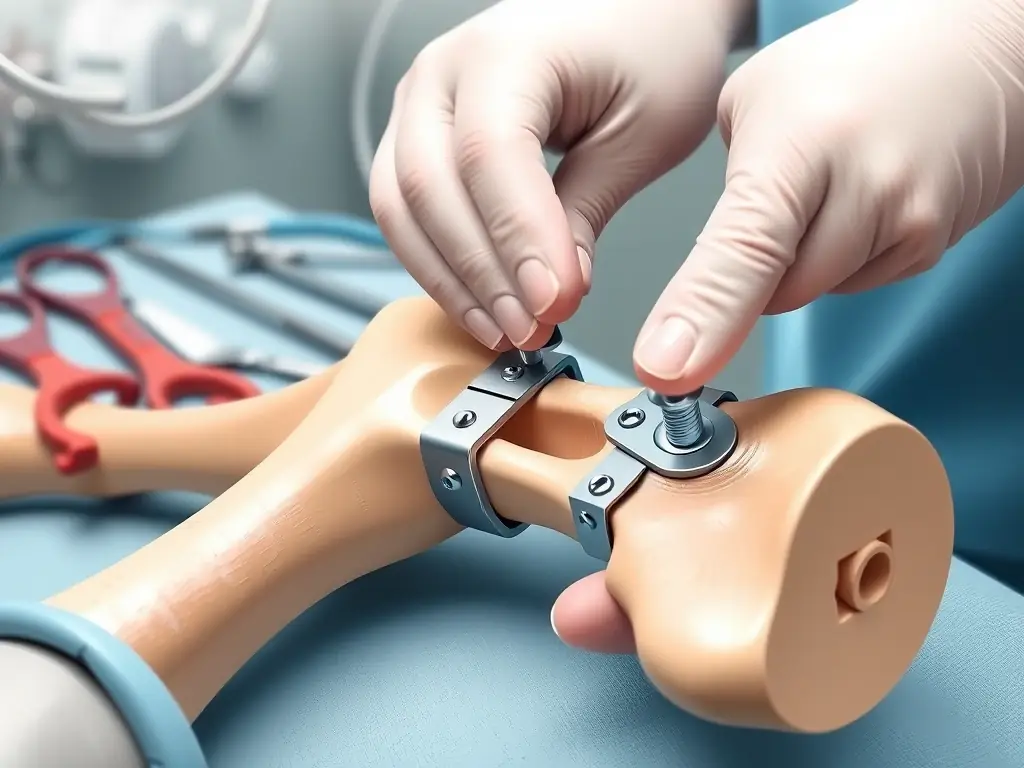 An image illustrating the process of fracture repair, with a focus on the use of plates and screws to stabilize the bone.