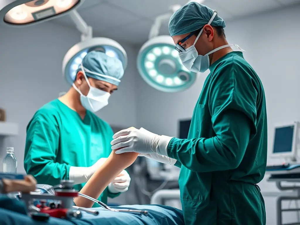 An image showing an arthroscopic procedure being performed on a patient's knee, highlighting the minimally invasive nature of the surgery.
